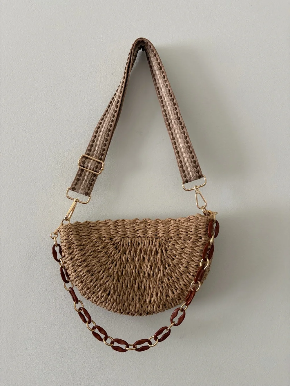 Woven Half-Moon Crossbody Bag in Brown with Gold Chain Detail